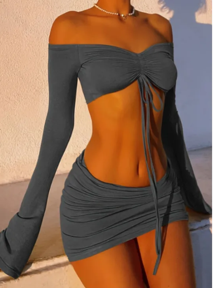 Drawstring Drop Ruched Off Shoulder Two-piece Skirt Set Y2K Long Sleeve Top & Bodycon Skirt Outfits Women's Clothing luxe middelen