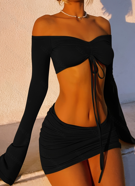Drawstring Drop Ruched Off Shoulder Two-piece Skirt Set Y2K Long Sleeve Top & Bodycon Skirt Outfits Women's Clothing luxe middelen
