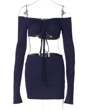 Drawstring Drop Ruched Off Shoulder Two-piece Skirt Set Y2K Long Sleeve Top & Bodycon Skirt Outfits Women's Clothing luxe middelen