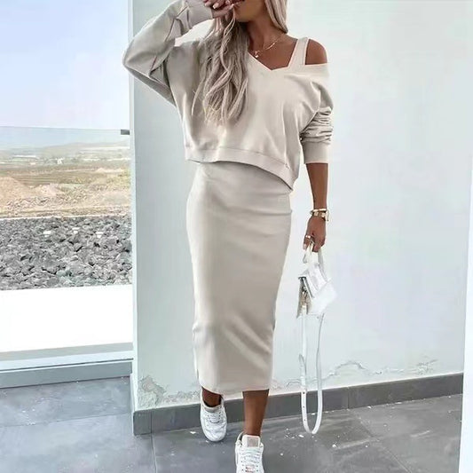 Women's Two Piece Dress Suit Fashion Long-sleeved  V-neck Pullover Sweatshirt And Sleeveless Dresses Set luxe middelen