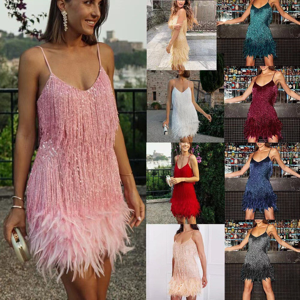 Sexy Tassel Sequins Feather Summer Mini Dress Women V Neck Spaghetti Strap Stitching Dresses Female Elegant Evening Party Club Dress luxe middelen