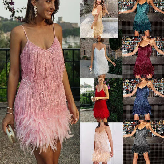 Sexy Tassel Sequins Feather Summer Mini Dress Women V Neck Spaghetti Strap Stitching Dresses Female Elegant Evening Party Club Dress luxe middelen