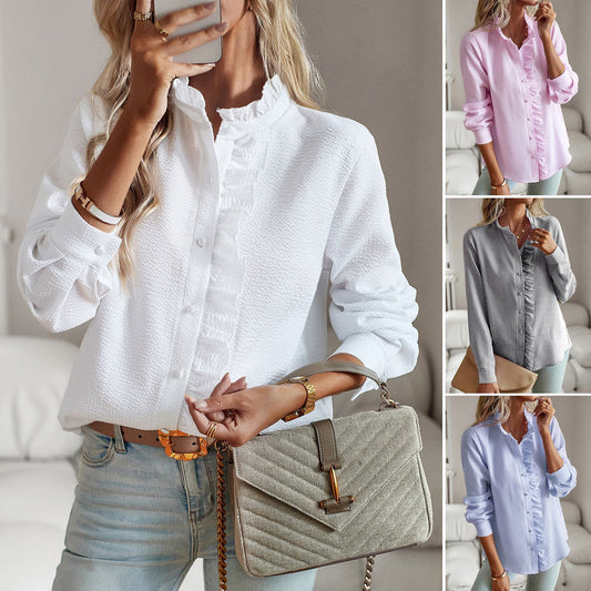 Striped Long Sleeve Shirt Fashion Ruffle Design Button Up Tops Casual Office Blouse Elegant Commuting Women's Clothing luxe middelen