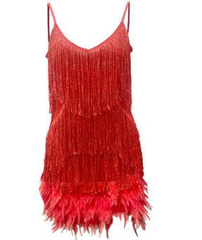 Sexy Tassel Sequins Feather Summer Mini Dress Women V Neck Spaghetti Strap Stitching Dresses Female Elegant Evening Party Club Dress luxe middelen