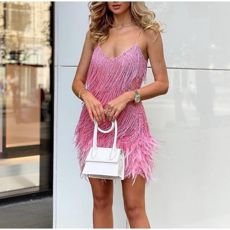 Sexy Tassel Sequins Feather Summer Mini Dress Women V Neck Spaghetti Strap Stitching Dresses Female Elegant Evening Party Club Dress luxe middelen