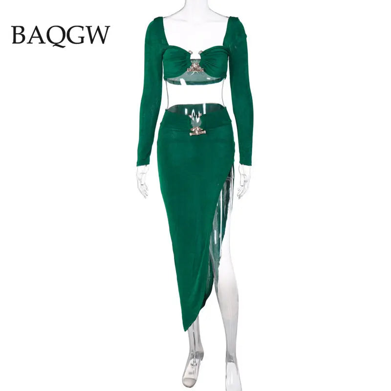 Button Design Sexy 2 Piece Set Autum Square Collar Long Sleeve Crop Top and Side Split Skirts Matching Sets Women Spring Outfits - luxe middelen