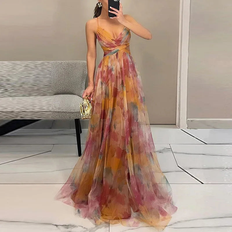 Elegant Lady Printing V Neck Slim Party Dress Women Sexy Hollow Out Sleeveless Maxi Dress 2025 New Spring Backless Dress Vestido - luxe middelen