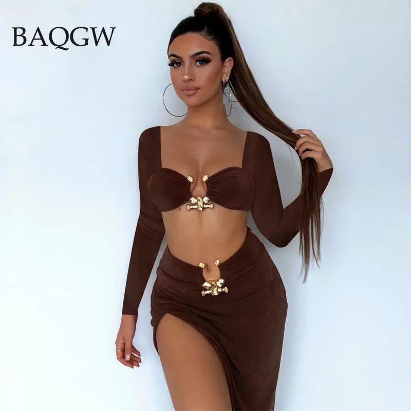 Button Design Sexy 2 Piece Set Autum Square Collar Long Sleeve Crop Top and Side Split Skirts Matching Sets Women Spring Outfits - luxe middelen