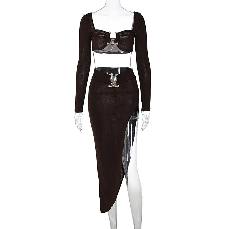 Button Design Sexy 2 Piece Set Autum Square Collar Long Sleeve Crop Top and Side Split Skirts Matching Sets Women Spring Outfits - luxe middelen