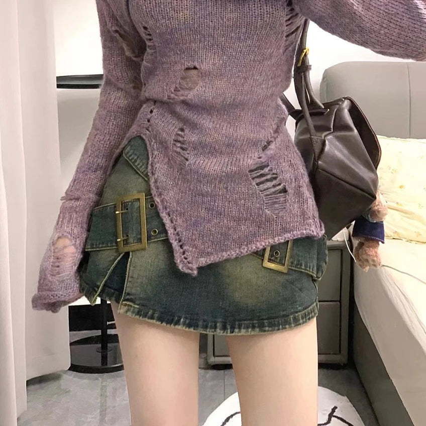 High Waist Denim Mini Skirts Women Y2K Hotsweet Girls Vintage Stylish Streetwear Spring Summer A-line Faldas Belts Side-slit - luxe middelen