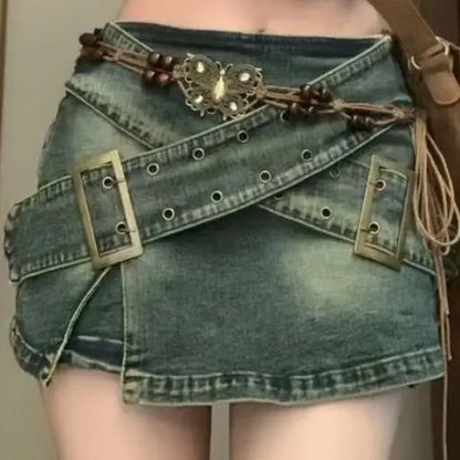 High Waist Denim Mini Skirts Women Y2K Hotsweet Girls Vintage Stylish Streetwear Spring Summer A-line Faldas Belts Side-slit - luxe middelen