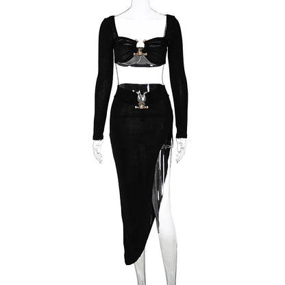 Button Design Sexy 2 Piece Set Autum Square Collar Long Sleeve Crop Top and Side Split Skirts Matching Sets Women Spring Outfits - luxe middelen