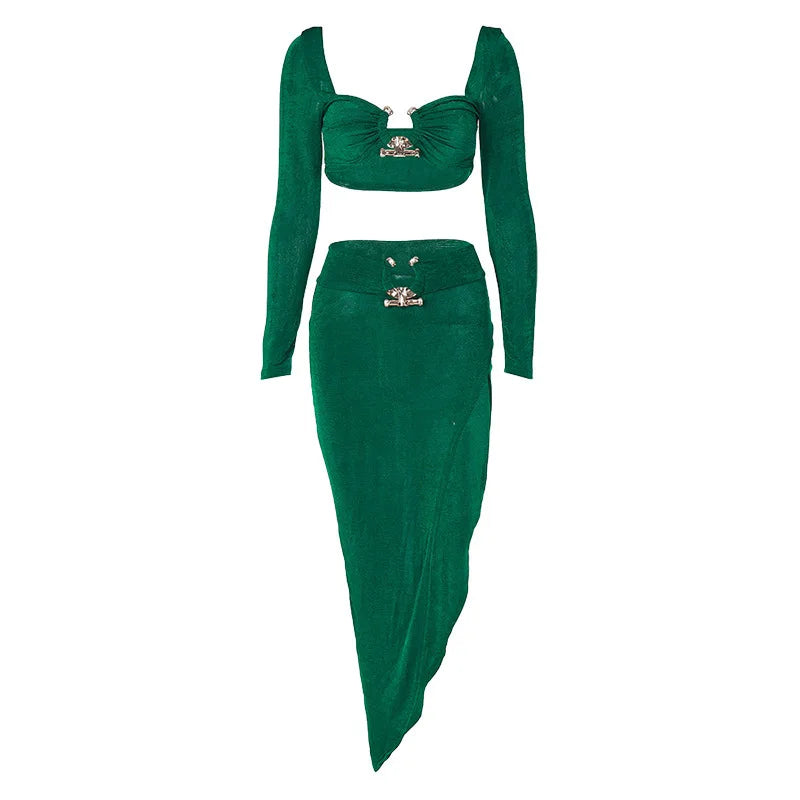 Button Design Sexy 2 Piece Set Autum Square Collar Long Sleeve Crop Top and Side Split Skirts Matching Sets Women Spring Outfits - luxe middelen