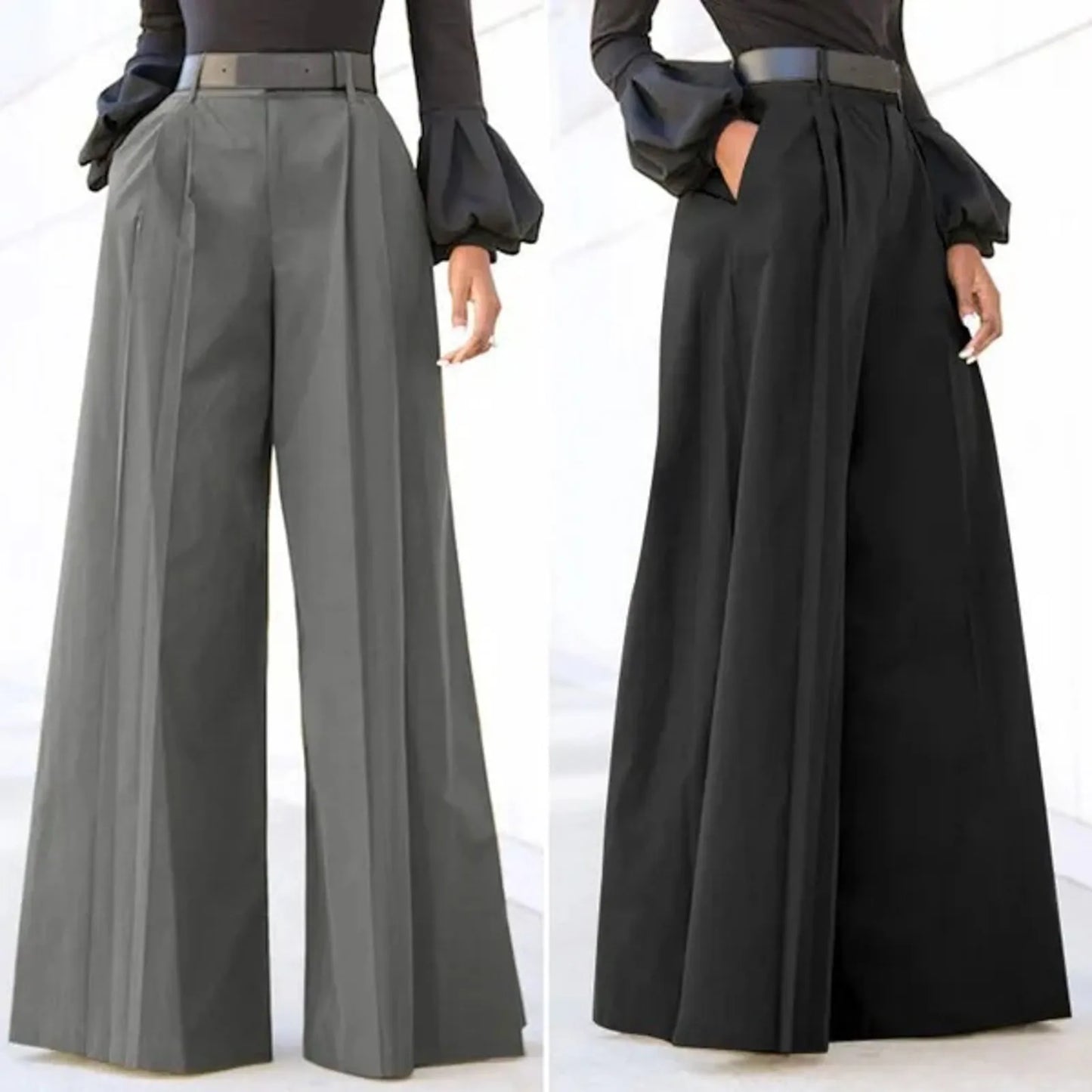 Spring Autumn Women Palazzo Pants High Waist Pleated A-Line Wide Leg Pants Large Size OL Vintage Culottes Bloomers Trousers 5XL - luxe middelen