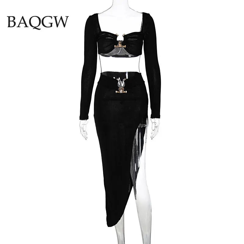 Button Design Sexy 2 Piece Set Autum Square Collar Long Sleeve Crop Top and Side Split Skirts Matching Sets Women Spring Outfits - luxe middelen