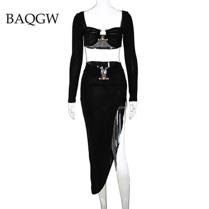 Button Design Sexy 2 Piece Set Autum Square Collar Long Sleeve Crop Top and Side Split Skirts Matching Sets Women Spring Outfits - luxe middelen