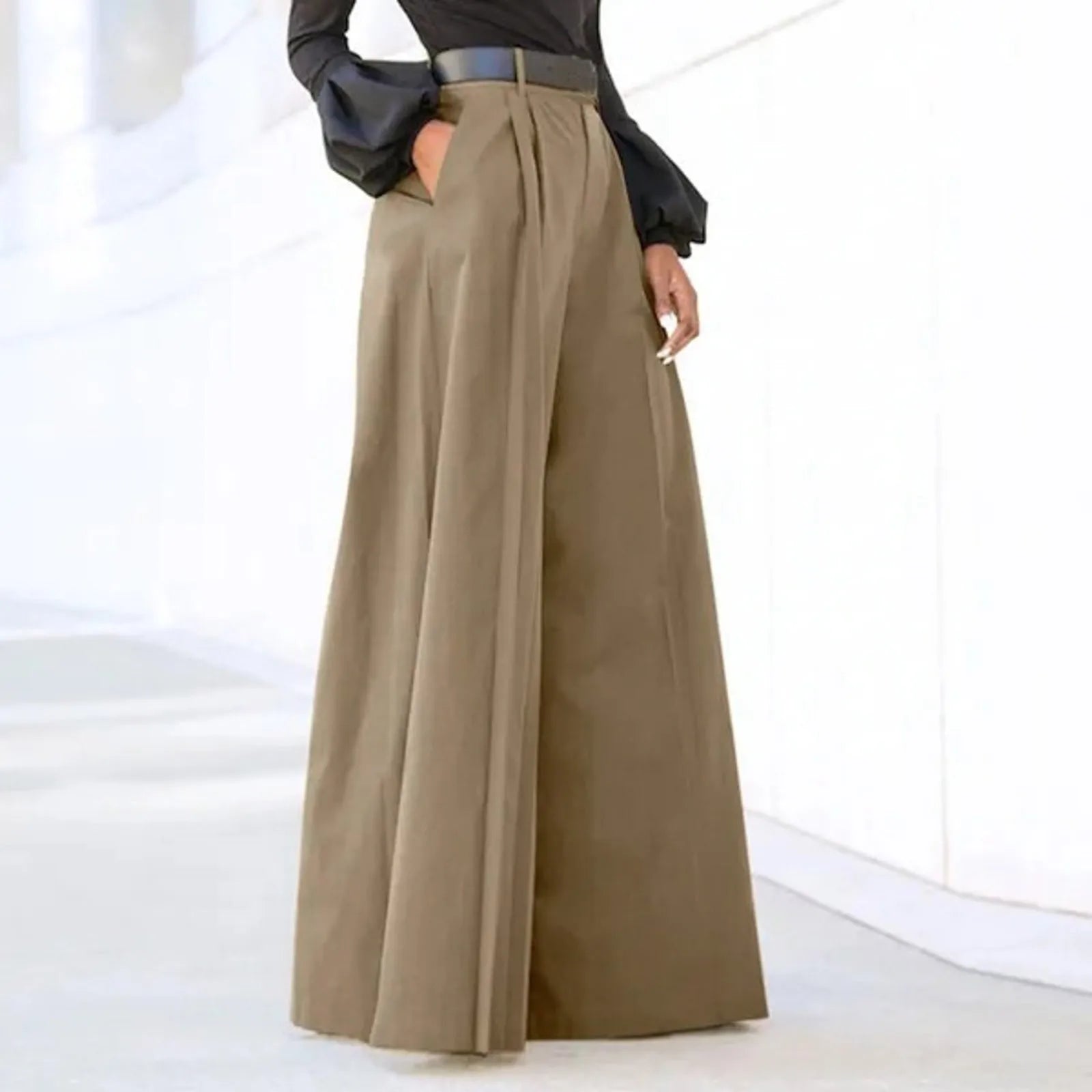 Spring Autumn Women Palazzo Pants High Waist Pleated A-Line Wide Leg Pants Large Size OL Vintage Culottes Bloomers Trousers 5XL - luxe middelen