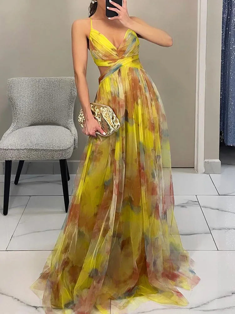 Elegant Lady Printing V Neck Slim Party Dress Women Sexy Hollow Out Sleeveless Maxi Dress 2025 New Spring Backless Dress Vestido - luxe middelen