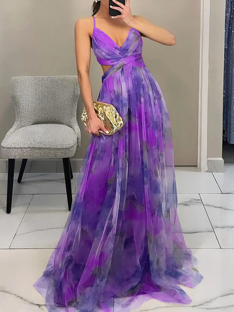 Elegant Lady Printing V Neck Slim Party Dress Women Sexy Hollow Out Sleeveless Maxi Dress 2025 New Spring Backless Dress Vestido - luxe middelen