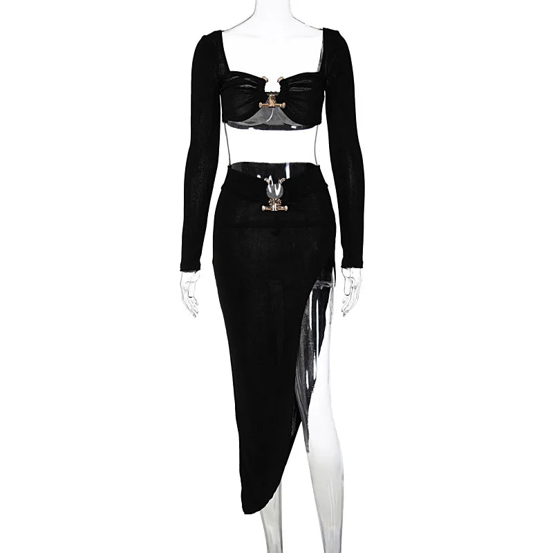 Button Design Sexy 2 Piece Set Autum Square Collar Long Sleeve Crop Top and Side Split Skirts Matching Sets Women Spring Outfits - luxe middelen