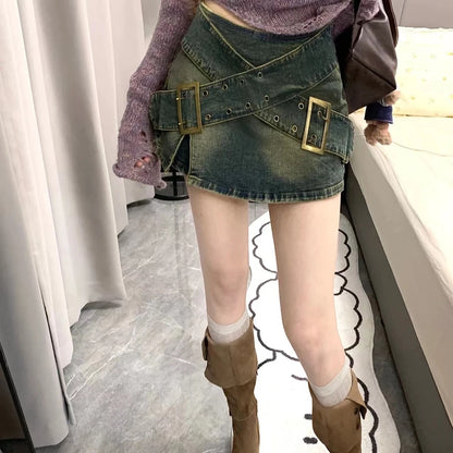 High Waist Denim Mini Skirts Women Y2K Hotsweet Girls Vintage Stylish Streetwear Spring Summer A-line Faldas Belts Side-slit - luxe middelen