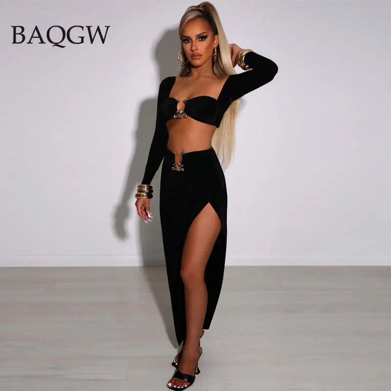 Button Design Sexy 2 Piece Set Autum Square Collar Long Sleeve Crop Top and Side Split Skirts Matching Sets Women Spring Outfits - luxe middelen