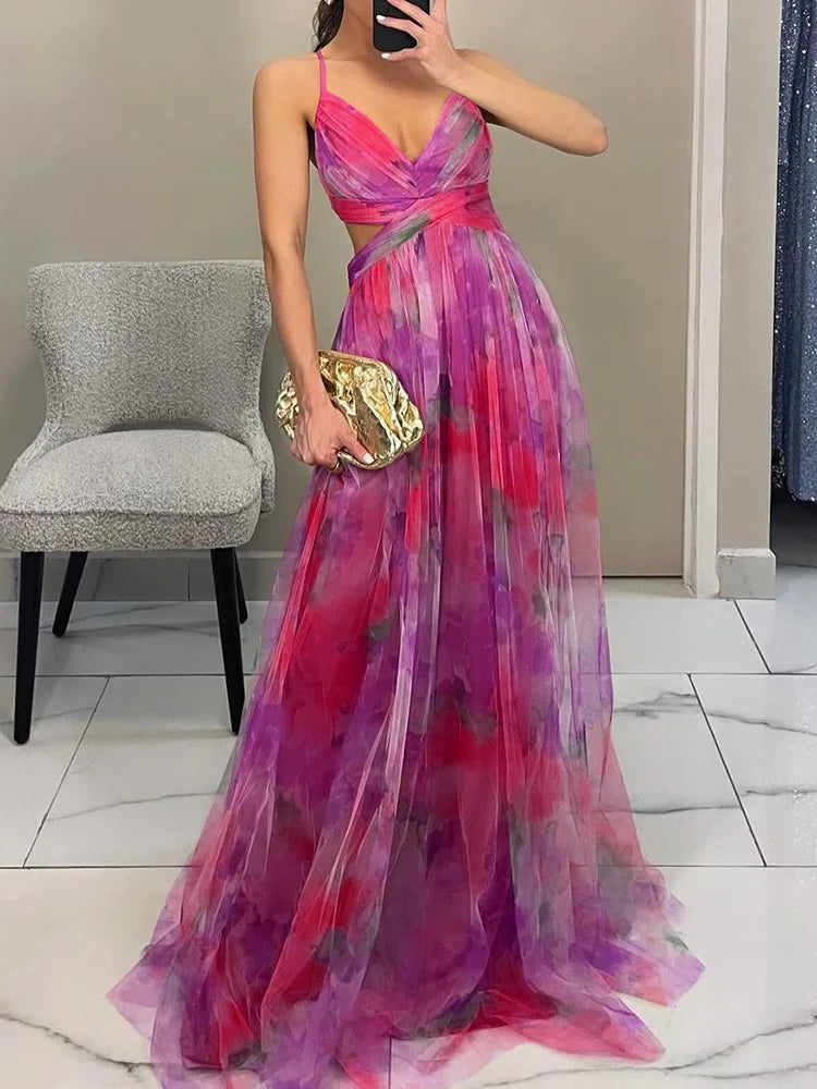 Elegant Lady Printing V Neck Slim Party Dress Women Sexy Hollow Out Sleeveless Maxi Dress 2025 New Spring Backless Dress Vestido - luxe middelen