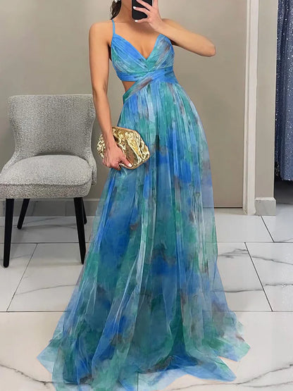 Elegant Lady Printing V Neck Slim Party Dress Women Sexy Hollow Out Sleeveless Maxi Dress 2025 New Spring Backless Dress Vestido - luxe middelen