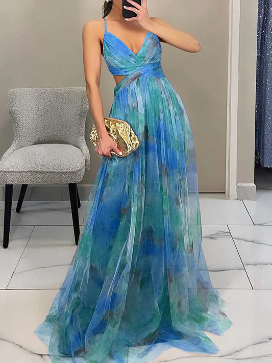 Elegant Lady Printing V Neck Slim Party Dress Women Sexy Hollow Out Sleeveless Maxi Dress 2025 New Spring Backless Dress Vestido - luxe middelen