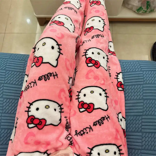 Thicken Hello Kitty Pajama Pants Sanrio Anime Fleece Double Elastic Fabric Soft Trousers Women Trousers Cartoon Birthday Gift - luxe middelen