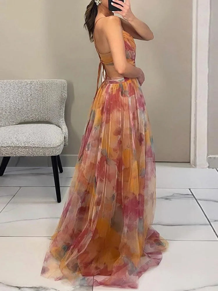 Elegant Lady Printing V Neck Slim Party Dress Women Sexy Hollow Out Sleeveless Maxi Dress 2025 New Spring Backless Dress Vestido - luxe middelen