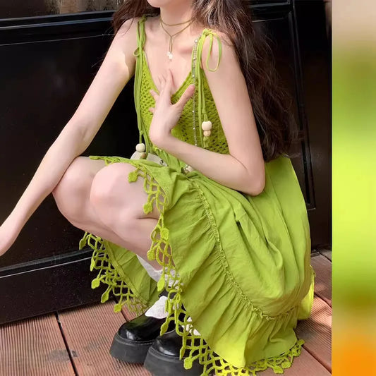 Original Avocado Green Knit Camisole Dress Spring and Summer Women Loose Hollow Patchwork Breathable Casual Mori Style Dress - luxe middelen