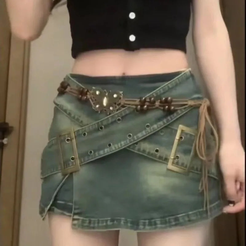 High Waist Denim Mini Skirts Women Y2K Hotsweet Girls Vintage Stylish Streetwear Spring Summer A-line Faldas Belts Side-slit - luxe middelen