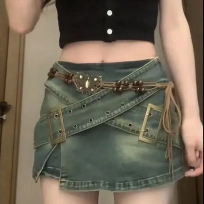 High Waist Denim Mini Skirts Women Y2K Hotsweet Girls Vintage Stylish Streetwear Spring Summer A-line Faldas Belts Side-slit - luxe middelen
