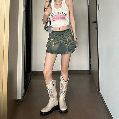 High Waist Denim Mini Skirts Women Y2K Hotsweet Girls Vintage Stylish Streetwear Spring Summer A-line Faldas Belts Side-slit - luxe middelen