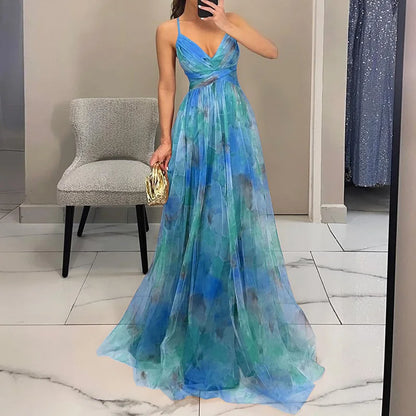 Elegant Lady Printing V Neck Slim Party Dress Women Sexy Hollow Out Sleeveless Maxi Dress 2025 New Spring Backless Dress Vestido - luxe middelen