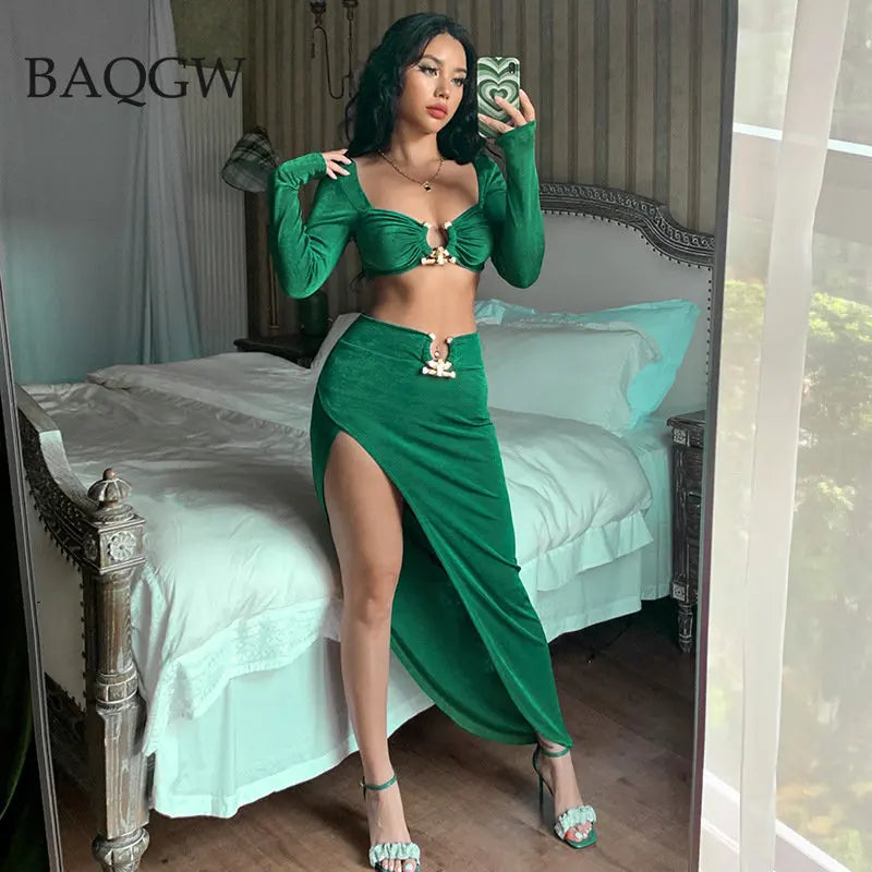 Button Design Sexy 2 Piece Set Autum Square Collar Long Sleeve Crop Top and Side Split Skirts Matching Sets Women Spring Outfits - luxe middelen