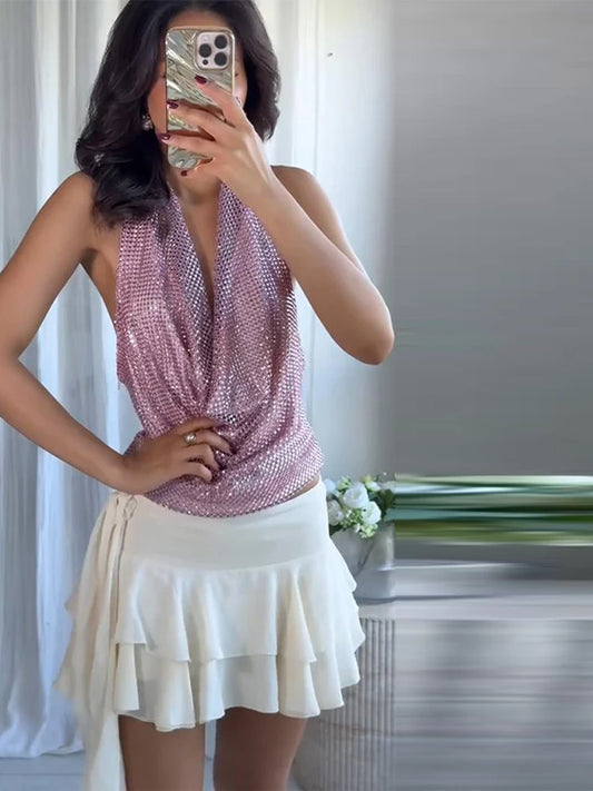 Water Drill Embellished Top Woman Hanging Neck Pleated Backless Short Tops Versatile Fashion Sexy Women's New Spring Summer Tops - luxe middelen