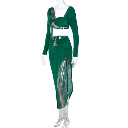 Button Design Sexy 2 Piece Set Autum Square Collar Long Sleeve Crop Top and Side Split Skirts Matching Sets Women Spring Outfits - luxe middelen