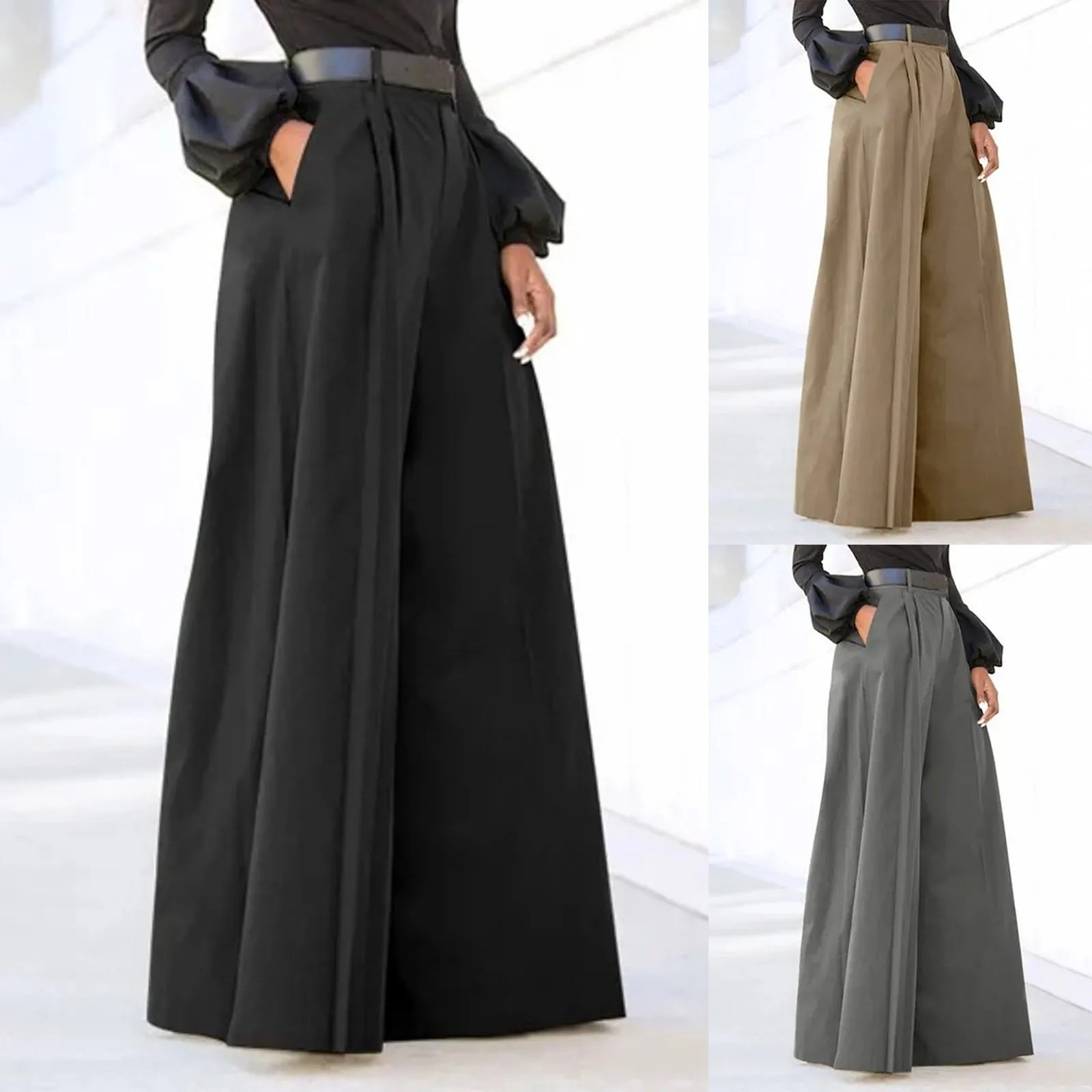 Spring Autumn Women Palazzo Pants High Waist Pleated A-Line Wide Leg Pants Large Size OL Vintage Culottes Bloomers Trousers 5XL - luxe middelen