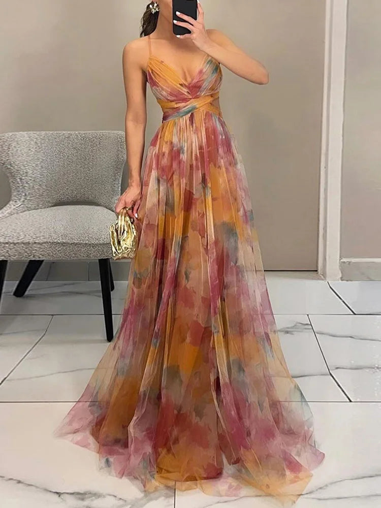 Elegant Lady Printing V Neck Slim Party Dress Women Sexy Hollow Out Sleeveless Maxi Dress 2025 New Spring Backless Dress Vestido - luxe middelen