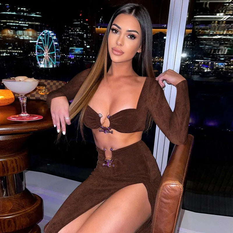 Button Design Sexy 2 Piece Set Autum Square Collar Long Sleeve Crop Top and Side Split Skirts Matching Sets Women Spring Outfits - luxe middelen