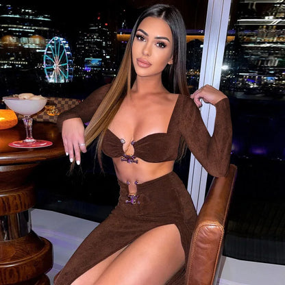 Button Design Sexy 2 Piece Set Autum Square Collar Long Sleeve Crop Top and Side Split Skirts Matching Sets Women Spring Outfits - luxe middelen