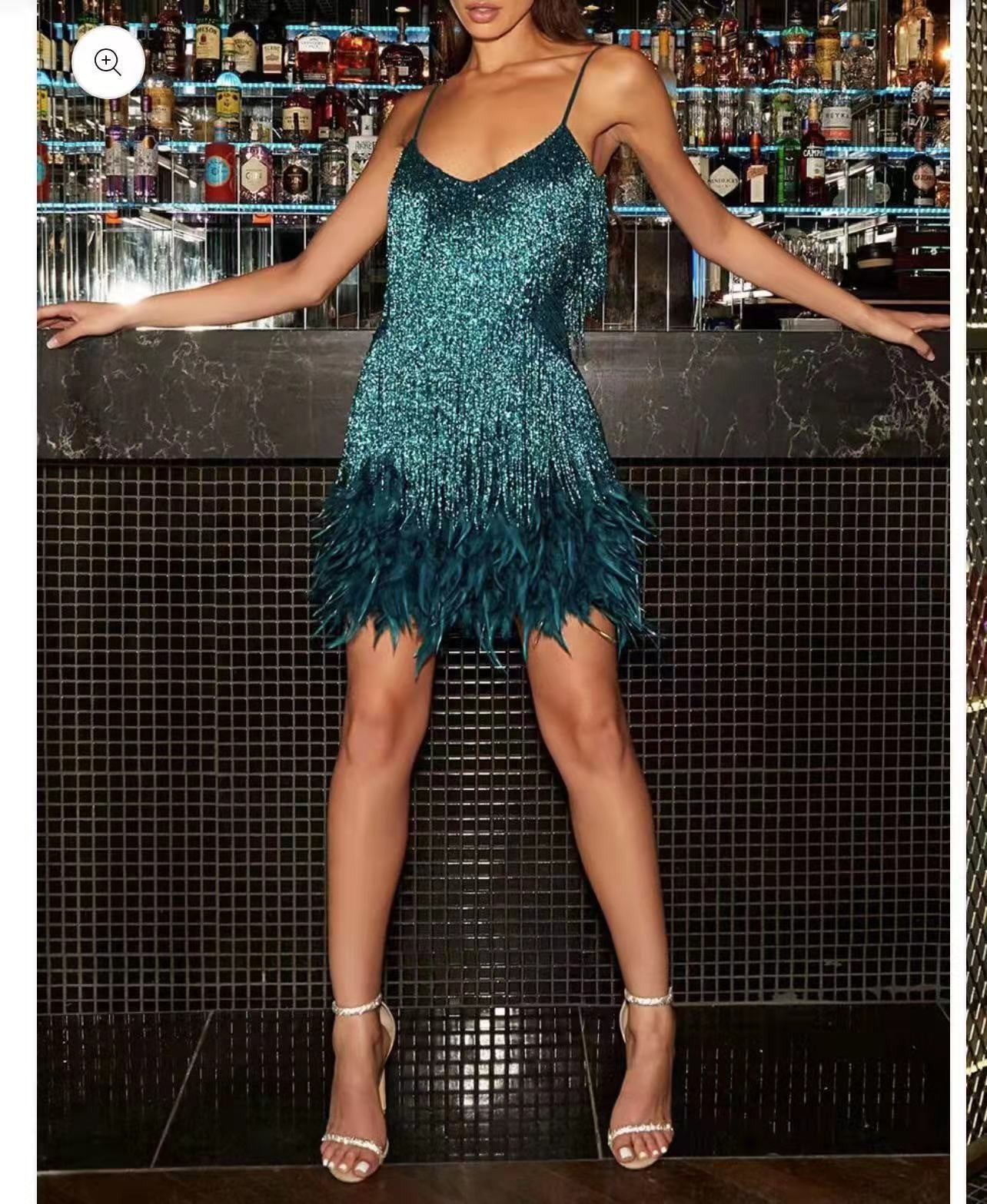Sexy Tassel Sequins Feather Summer Mini Dress Women V Neck Spaghetti Strap Stitching Dresses Female Elegant Evening Party Club Dress luxe middelen