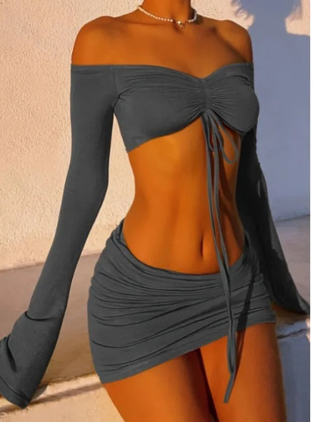 Drawstring Drop Ruched Off Shoulder Two-piece Skirt Set Y2K Long Sleeve Top & Bodycon Skirt Outfits Women's Clothing luxe middelen