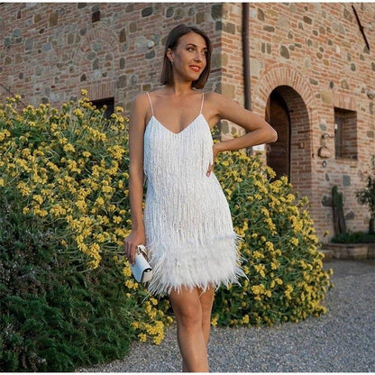 Sexy Tassel Sequins Feather Summer Mini Dress Women V Neck Spaghetti Strap Stitching Dresses Female Elegant Evening Party Club Dress luxe middelen