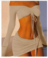 Drawstring Drop Ruched Off Shoulder Two-piece Skirt Set Y2K Long Sleeve Top & Bodycon Skirt Outfits Women's Clothing luxe middelen