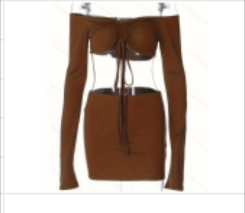 Drawstring Drop Ruched Off Shoulder Two-piece Skirt Set Y2K Long Sleeve Top & Bodycon Skirt Outfits Women's Clothing luxe middelen